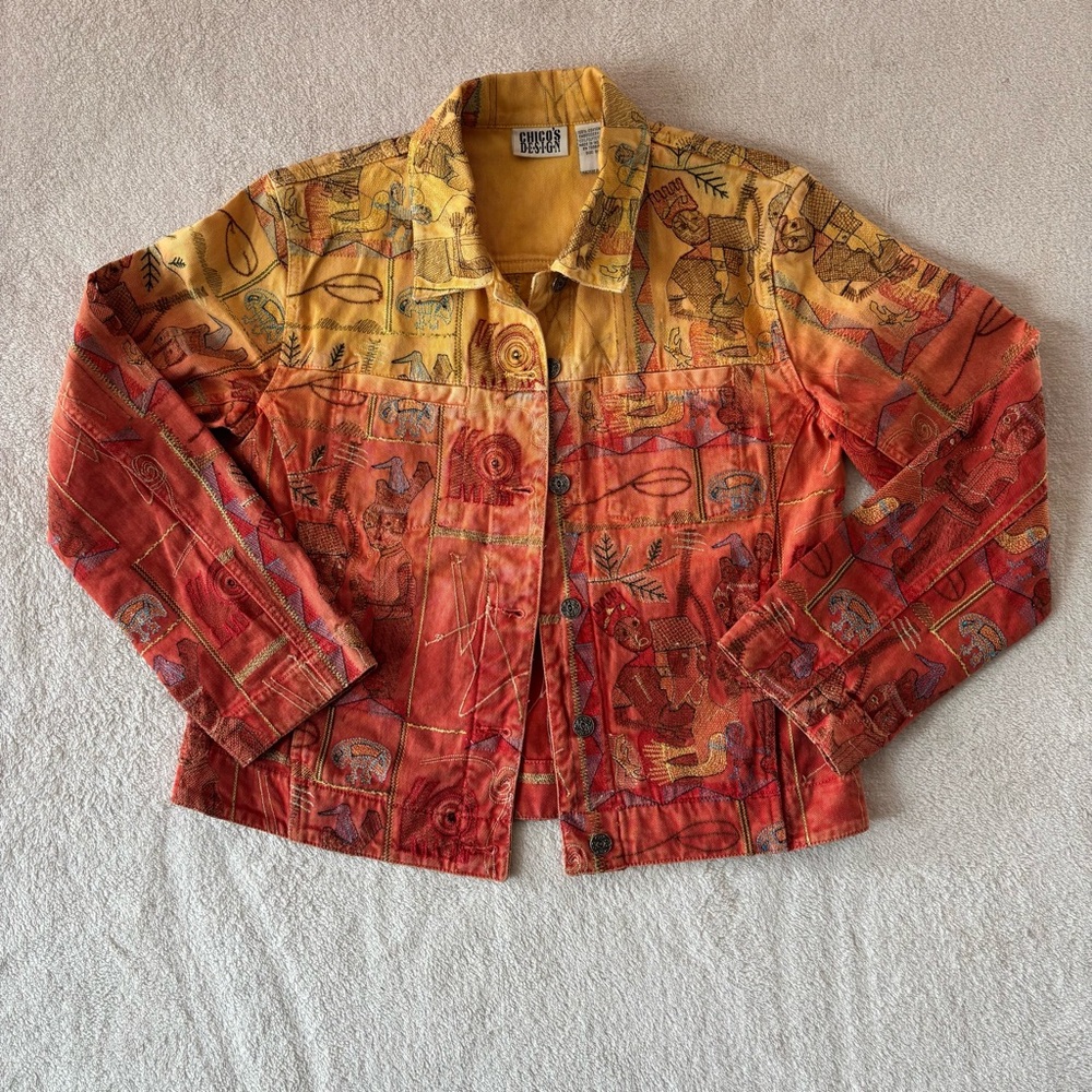 CHICOS DESIGN WOMEN OMBRÉ EMBROIDERED TRIBAL AZTEC THEME DENIM JACKET SZ 0